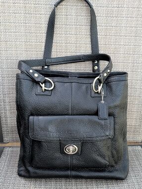 Coach "Penelope" (F19264) Black Pebbled Leather Tote with Turnlock Front Pocket